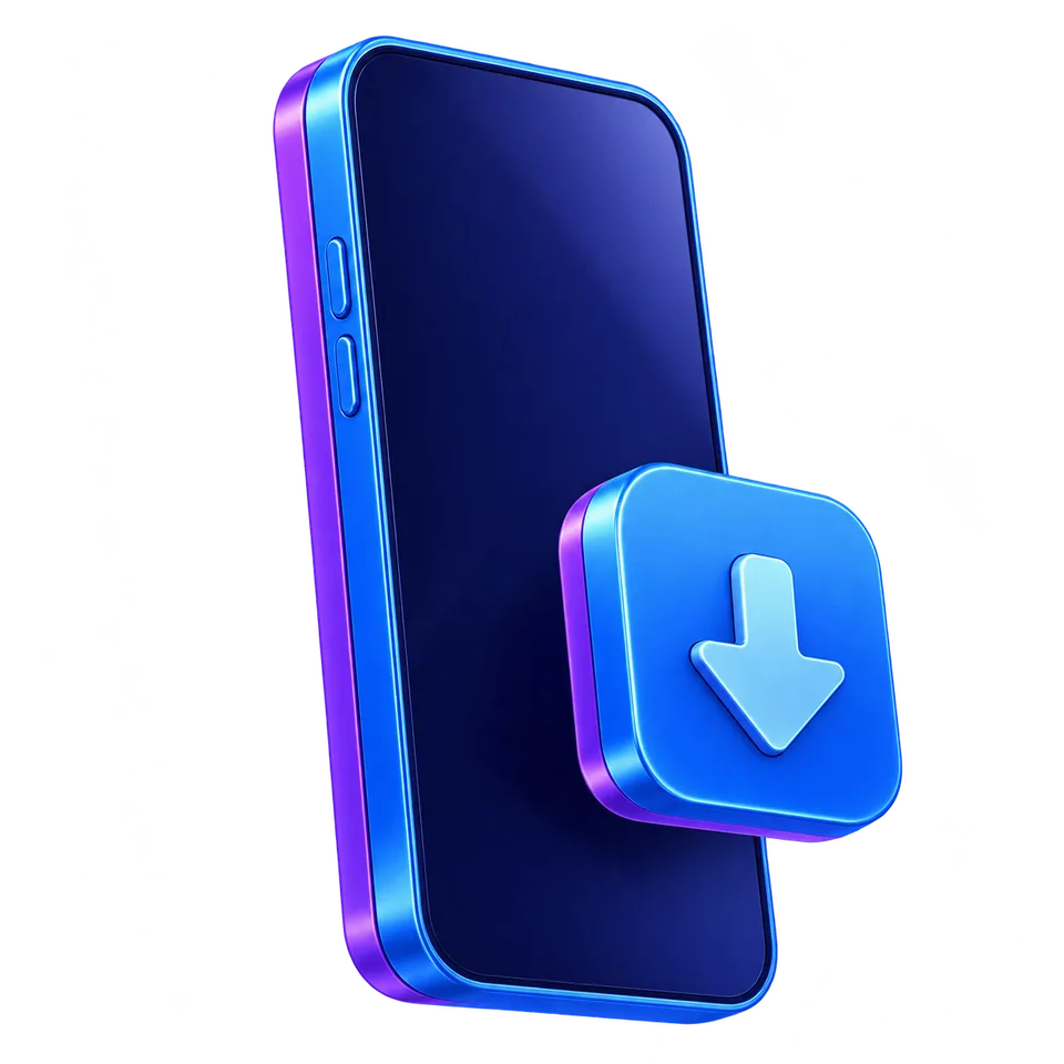 A glossy cobalt phone with a download badge.